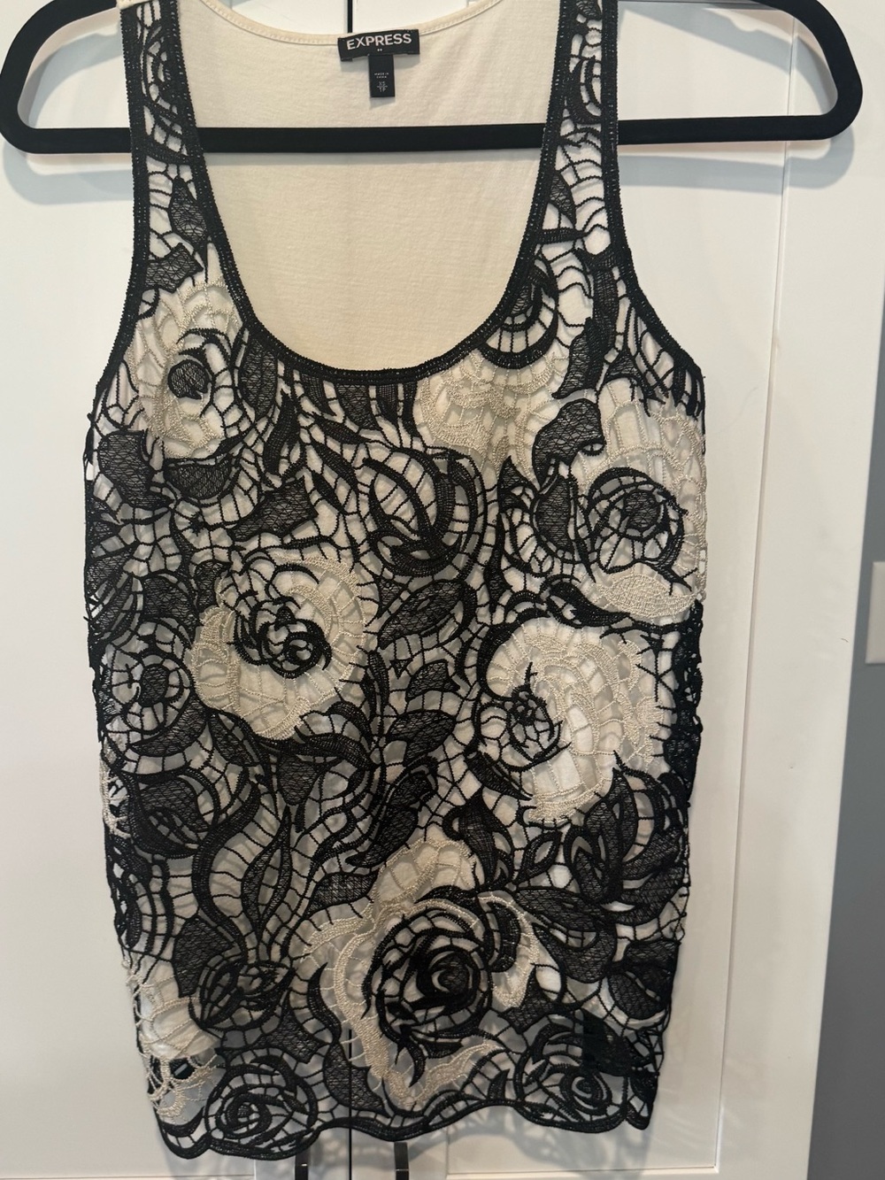 Express Cream Tank with Black Floral Lace Overlay
